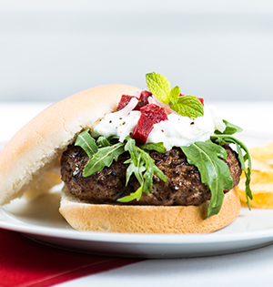 Lamb Burger with Pickled Beet Salsa topped with Astro Original yogurt