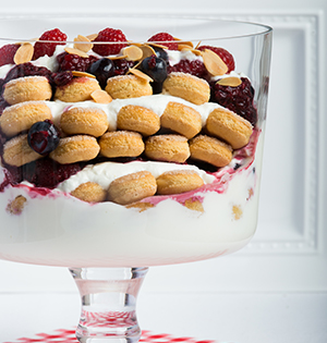 Vanilla Yogurt and Berry Trifle made with Astro yogurt served in an elegant glass triffle bowl