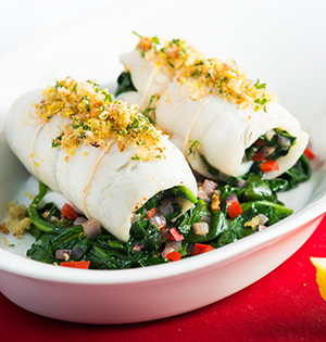 Spinach Stuffed Sole made with Astro yogurt served on a bed of spinach